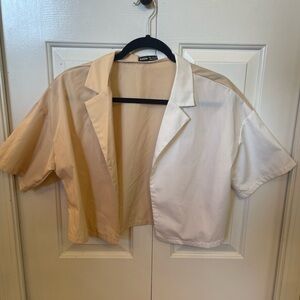 Two-Tone Cream and Tan Short Sleeve Blazer